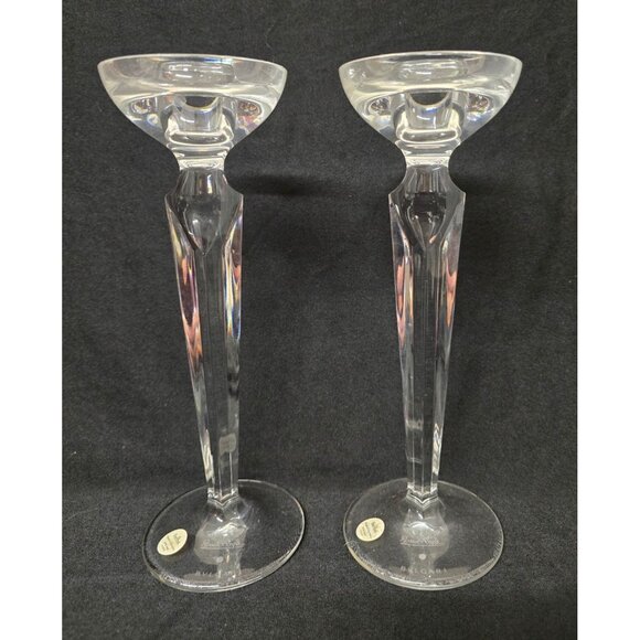Pair of Rosenthal Bvlgari Hand Blown Clear Glass Candle Holders, 8.75" High - Picture 1 of 7